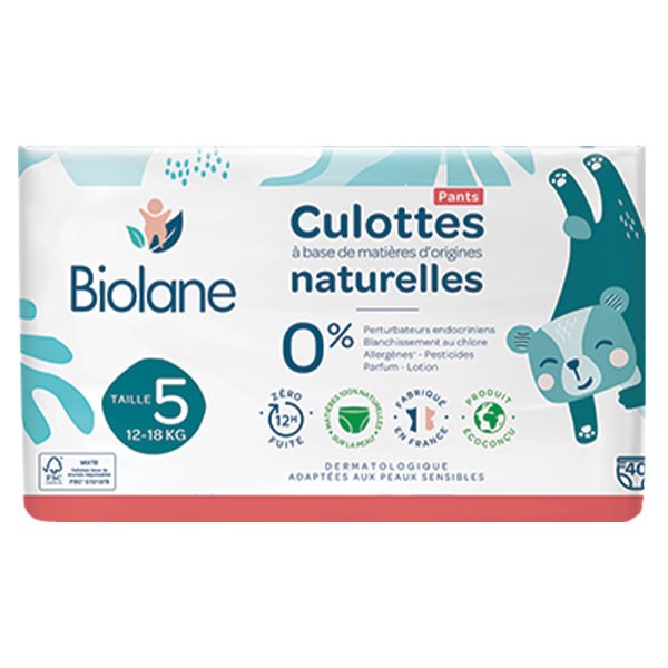 Biolane - 0 Fuite Pendant 12 h Fabriquées en France 12-18 kg Pack de 120 Couches Couches Culottes Naturelles Taille 5 