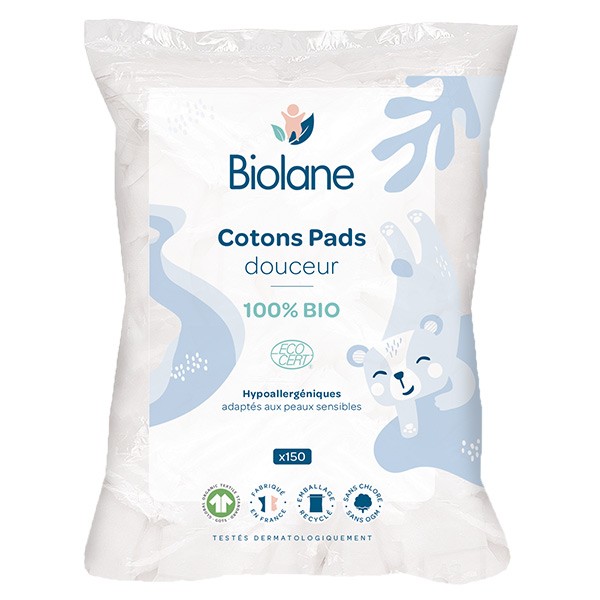 Biolane Cotons pads douceur Bébé 100% Bio Peaux sensibles 150 Cot