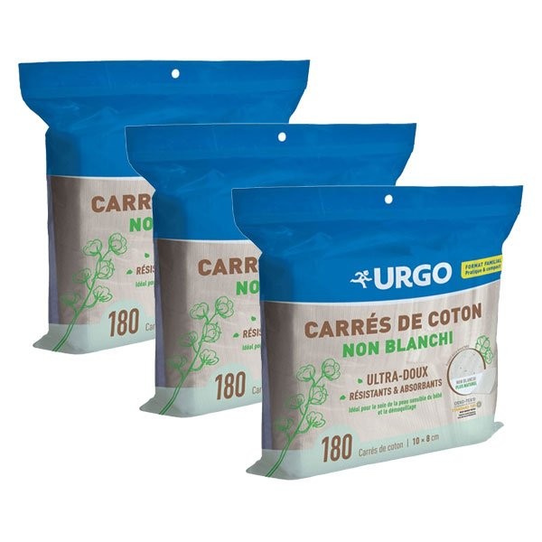 Urgo Premiers Soins Carrés de Coton Non Blanchis Lot de 3 x 180 unités, Atida