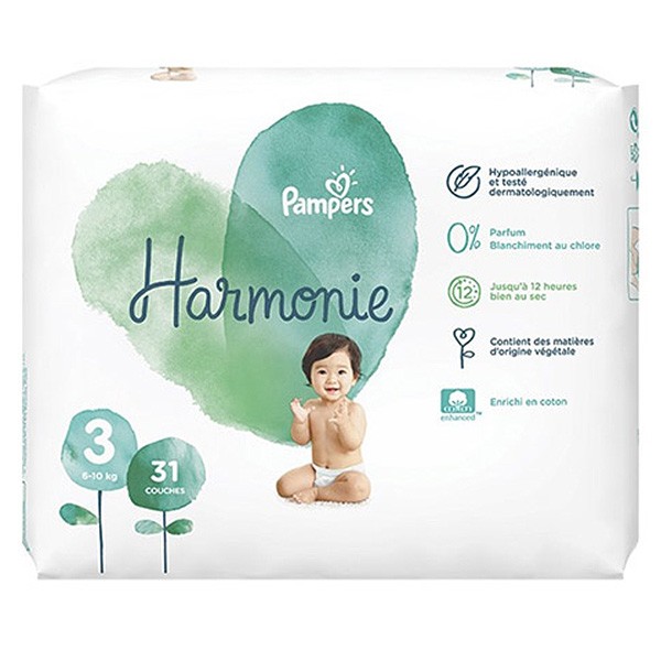 PAMPERS Couches Harmonie taille 3 (6-10kg) 62 couches pas cher 